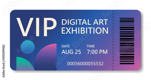 VIP ticket with bright gradient, date, barcode. Vector modern bright horizontal template. Use for digital art exhibitions, NFT, concerts, festivals, parties and exclusive premium events design