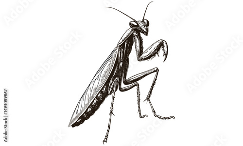Antique wildlife sketch of praying mantis, vintage monochrome insect engraving, retro hand-drawn nature illustration, old engraving style, detailed naturalist drawing, collectible insect art