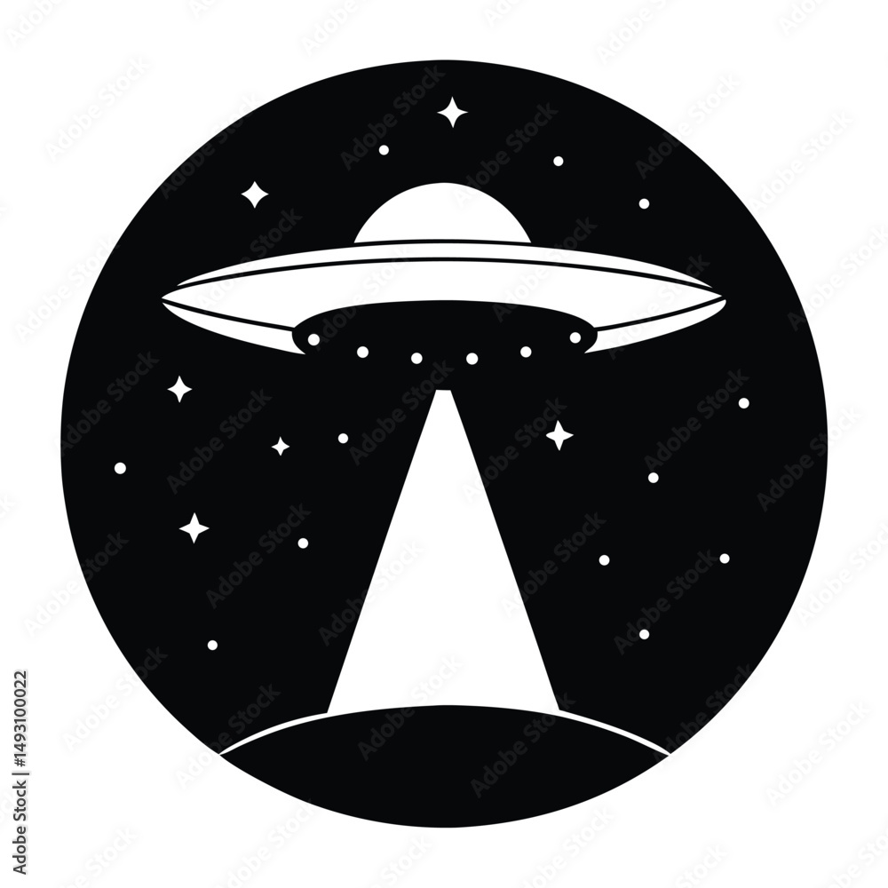 Unidentified Flying Object (UFO) in Night Sky Black and White Illustration Unidentified Flying Object (UFO) in Night Sky Black and White Illustration