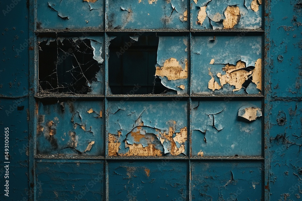 Fototapeta premium Abandoned industrial warehouse with broken windows and dramatic chiaroscuro lighting, showing peeling paint textures and urban decay. Dark atmosphere, perfect for post-apocalyptic or horror themes.