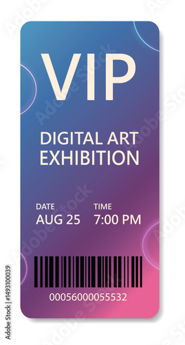  VIP ticket with bright gradient, date, barcode. Vector modern bright vertical. Use design template for digital art exhibitions, NFT, concerts, festivals, parties and exclusive premium event