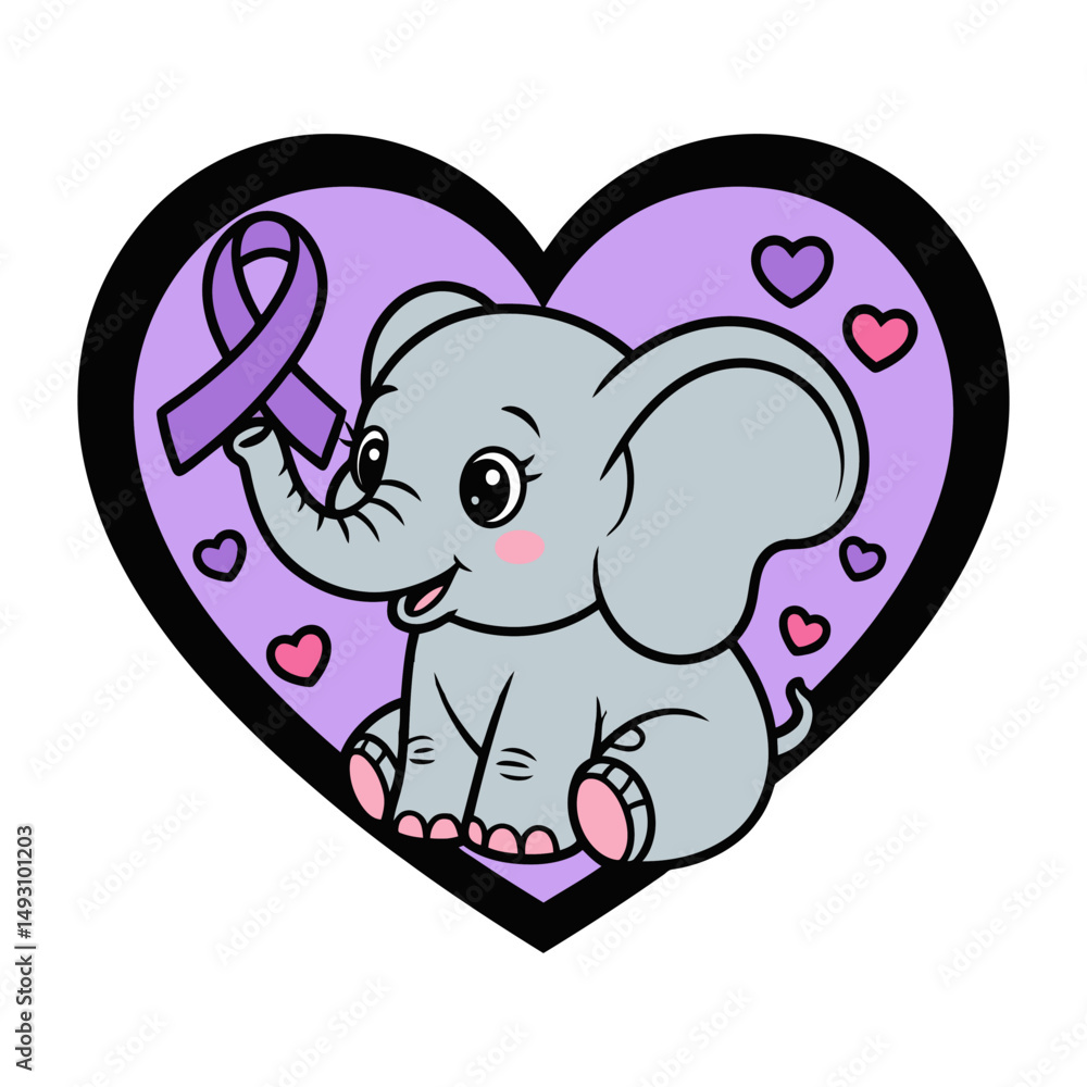 Obraz premium Cute Elephant with Alzheimer's Awareness Ribbon in Heart