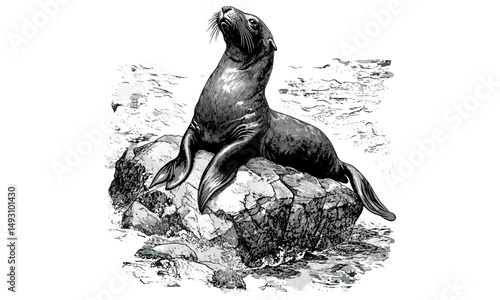 Vintage sea lion engraving resting on rocks, hand-drawn marine mammal illustration, retro ocean wildlife sketch, antique nautical monochrome etching, old engraving style, trendy coastal art print