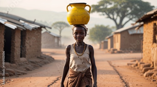 Young girl carries water jug on her head while walking through village at sunrise