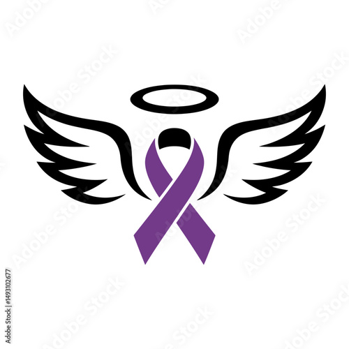 Purple Awareness Ribbon with Angel Wings and Halo Symbol