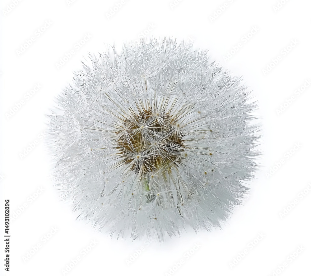 Fototapeta premium Dandelion, top view, isolated on a white background, high-resolution photography, realistic, minimalist, stock photo, professional color grading, clean, sharp focus, hyperrealistic rendering 