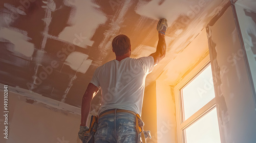 Man Applying Finishing Touches to Drywall in Bright Renovation Space