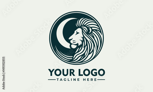 Stylized lion head with flowing mane enclosed in circular ornamental frame in detailed line design. Animal concept
