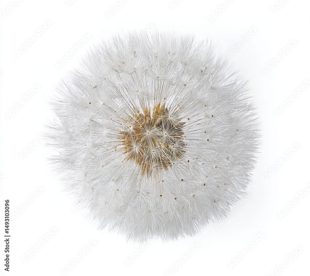 Fototapeta premium Dandelion, top view, isolated on a white background, high-resolution photography, realistic, minimalist, stock photo, professional color grading, clean, sharp focus, hyperrealistic rendering