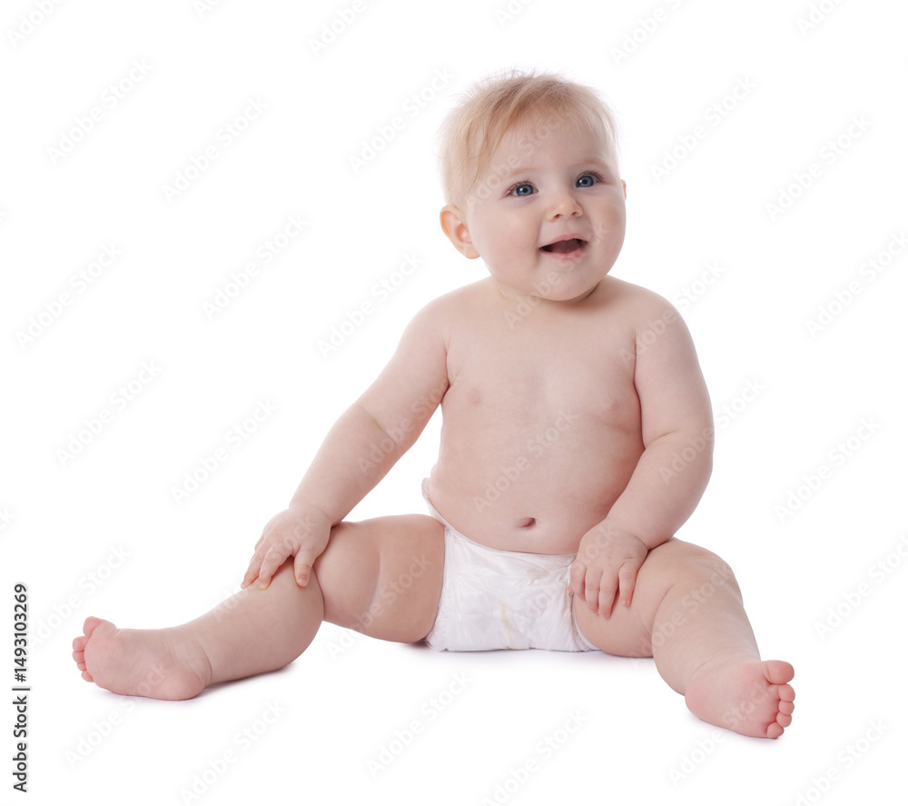 Cute little baby in diaper on white background Cute little baby in diaper on white background