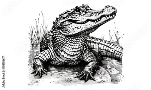 wamp Wildlife Line Drawing, Alligator Crawling Forward, Rustic Animal Print, Vintage Reptile Art, Monochrome Etching, Southern Fauna Wall Decor