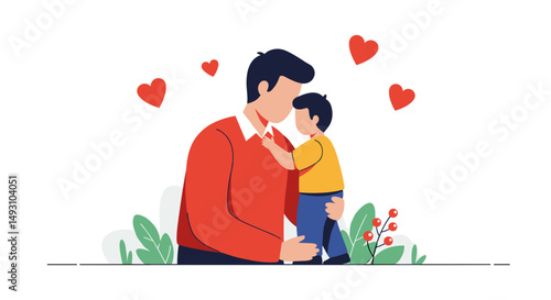 Father embracing son with love surrounded by hearts and flowers  