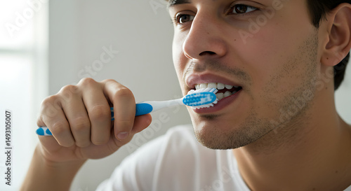 Young man brushing teeth with toothbrush in bathroom during morning   photo