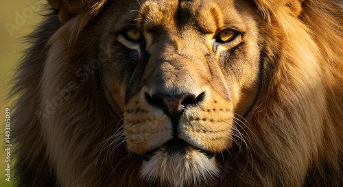 Majestic king of the wild, a strong feline with a magnificent mane, portrait close-up photo