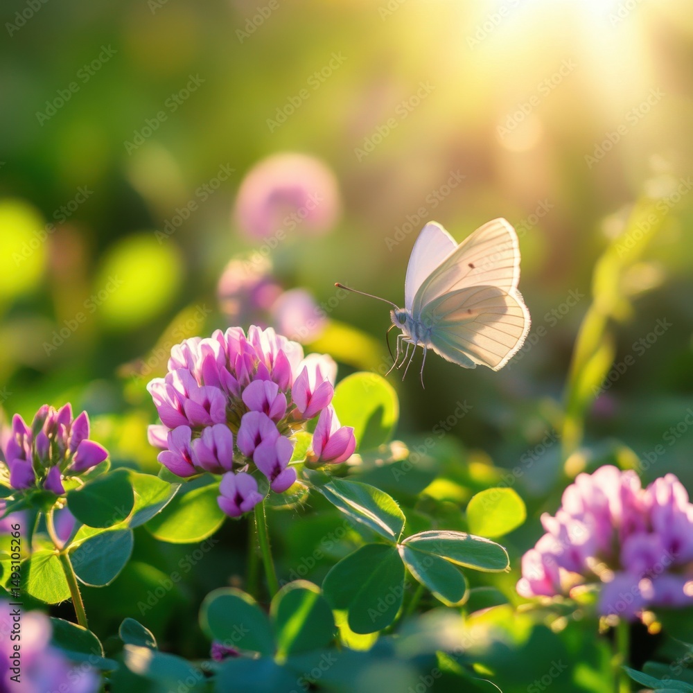 Fototapeta premium Butterfly on Clover Flower in Meadow at Sunset Eye-Level View Nature Macro Close-up Springtime Beauty