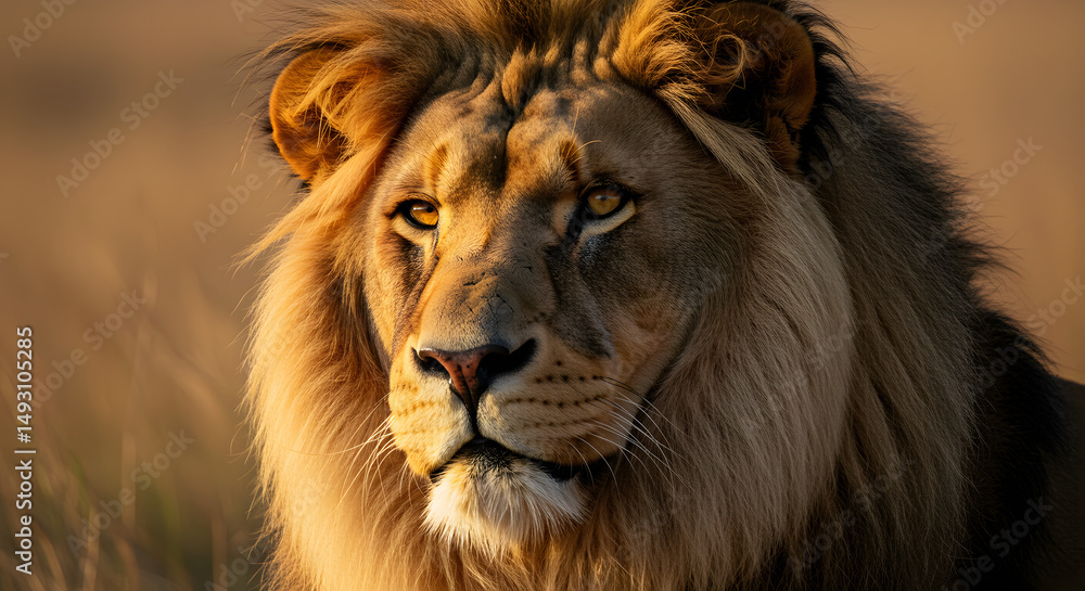 Fototapeta premium A majestic portrait captures the powerful face of a wild, big cat, the king with a glorious mane