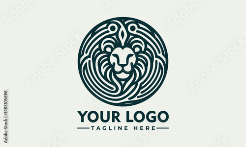 Stylized lion head with flowing mane enclosed in circular ornamental frame in detailed line design. Animal concept
