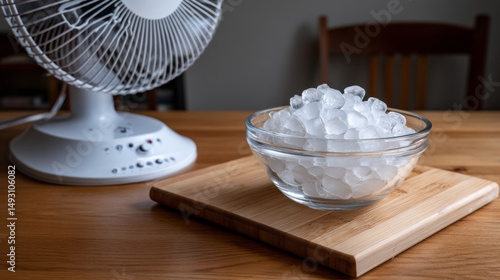 Ice cubes in front of a fan