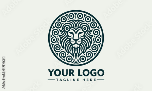 Stylized lion head with flowing mane enclosed in circular ornamental frame in detailed line design. Animal concept
