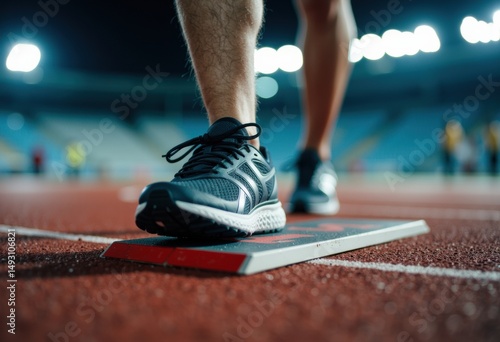 Athlete preparing to sprint on a track with starting block at night