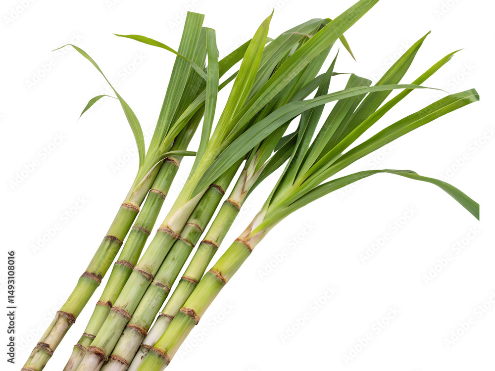 Fototapeta premium Fresh Sugar Cane Stalks with Green Leaves Isolated on transparent background cutout, PNG file, Cutout file