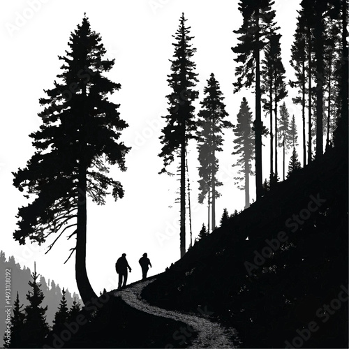 Forest Trail Silhouette Hiking Adventure Nature Black and White