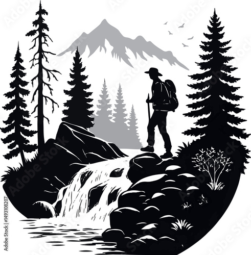 Mountain Hiking Silhouette Waterfall Nature Adventure Black and Gray