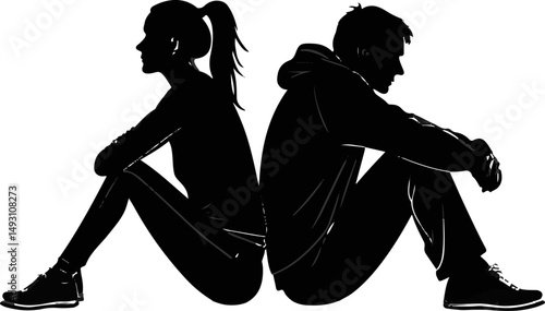 Separated Silhouette Couple Back to Back Distance Conflict Black and White