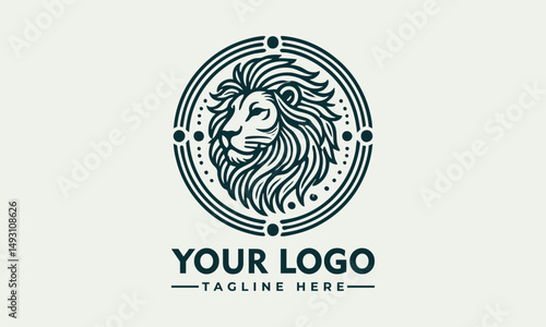 Stylized lion head with flowing mane enclosed in circular ornamental frame in detailed line design. Animal concept
