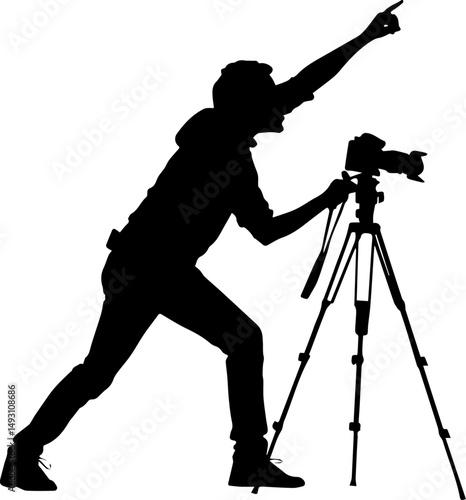 Photographer with Tripod Pointing Up Silhouette Vector Illustration