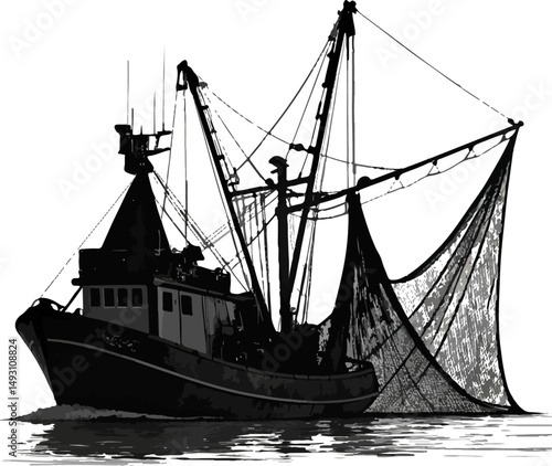 Commercial Fishing Trawler Silhouette Vector Illustration