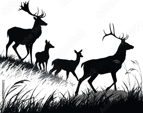 Deer Family Walking in Grass Silhouette Vector Illustration
