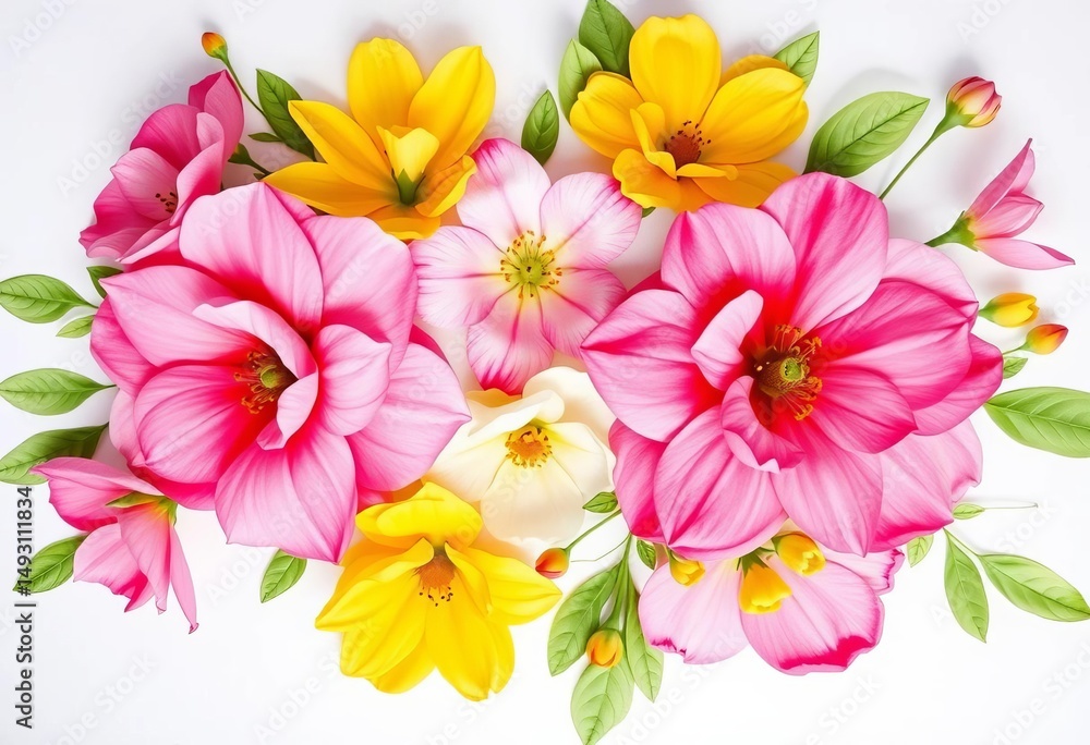 Fototapeta premium Vibrant pink & yellow watercolor flowers, delicate green leaves, elegant floral composition, artwork, aesthetic