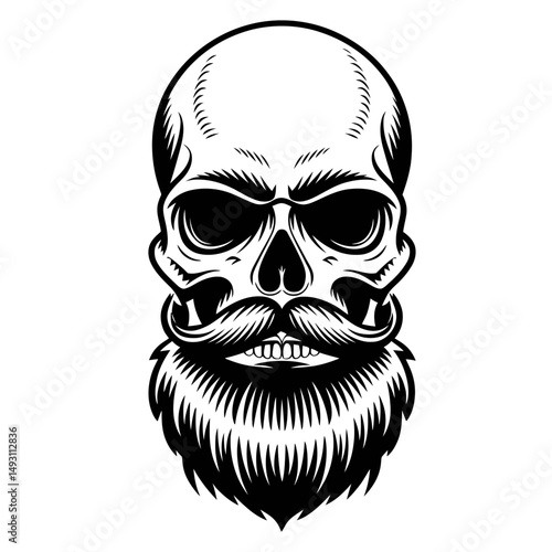 Bearded Skull with Mustache in Vintage Tattoo Style