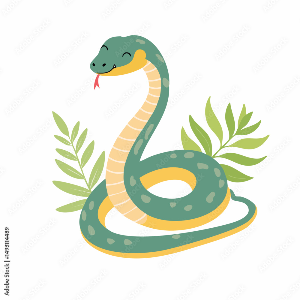 Fototapeta premium Cute Snake in Simple Vector Style – Minimalist Cartoon Reptile Illustration on White Background