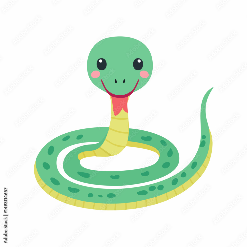 Fototapeta premium Cute Snake in Simple Vector Style – Minimalist Cartoon Reptile Illustration on White Background
