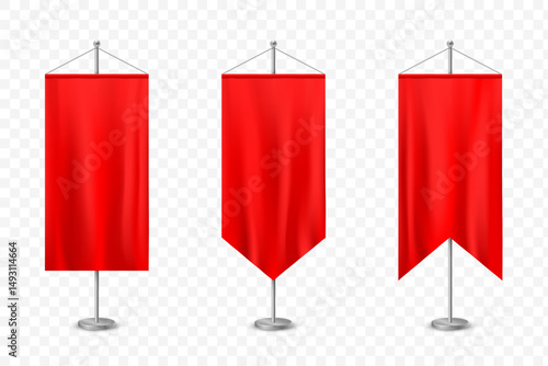 Mockup red pennants or flags on stands. Templates are isolated on a transparent background. Vector illustration