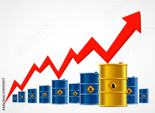 Arrow of rising chart above barrels of crude oil. Isolated on a white background. Vector illustration