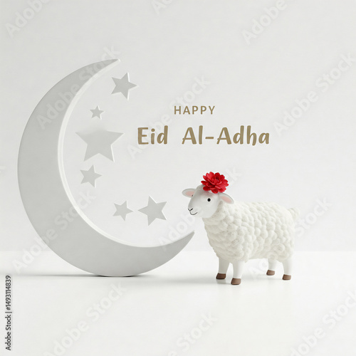 Happy Eid Al-Adha with a Cute Sheep and Crescent Moon