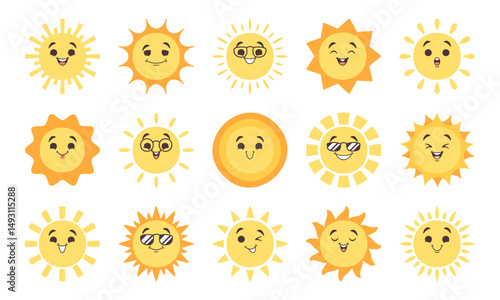 Happy sun kawaii emoticon smiling, winking eye, feeling sunshine and cool isolated set on white