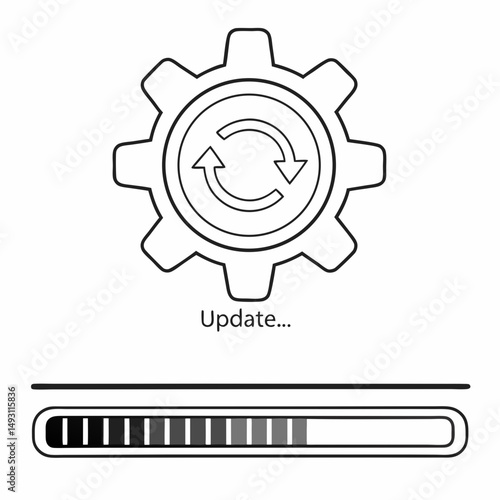 Software update progress icon with gear and loading bar