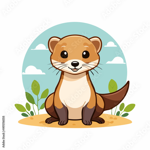 Cute Weasel in Simple Vector Style – Minimalist Cartoon Animal Illustration on White Background