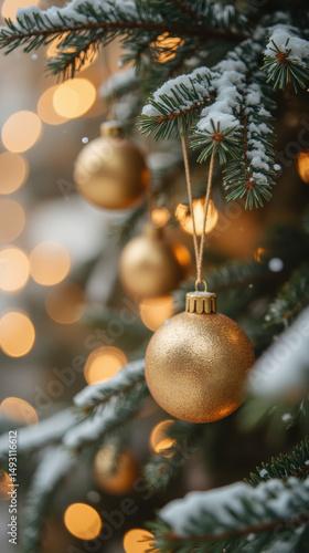 Wallpaper Mural Golden ornaments hang on snow covered Christmas tree, creating warm and festive atmosphere with soft bokeh lights in background Torontodigital.ca