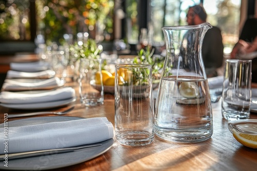 Inviting Dining Table Setting with Water Pitcher, Clear Glasses, Fresh Herbs, and Sunlight Casting Warm Glow in Cozy Restaurant Atmosphere