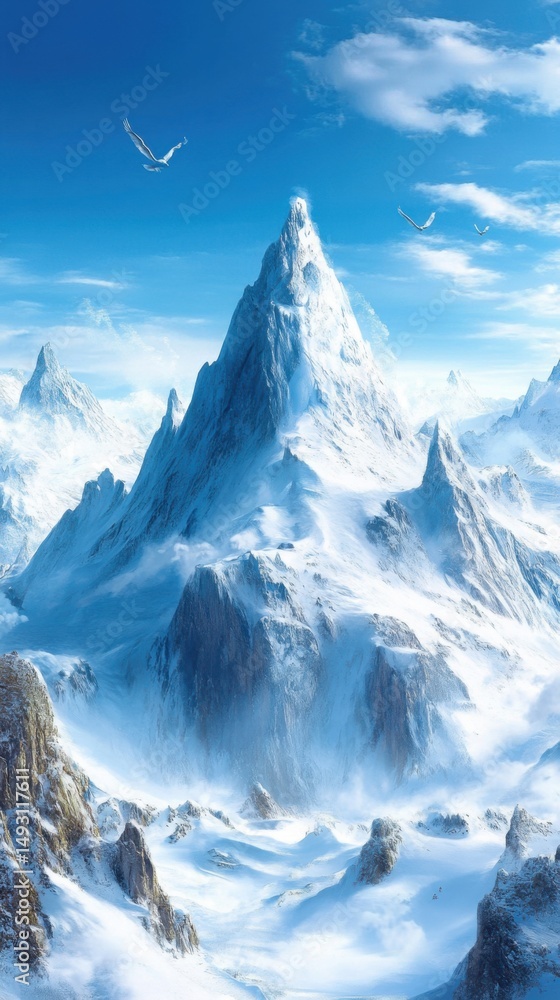 Obraz premium Majestic Mountain Peaks Under Blue Sky With Eagles Soaring High Above in Winter Landscape Scenic View