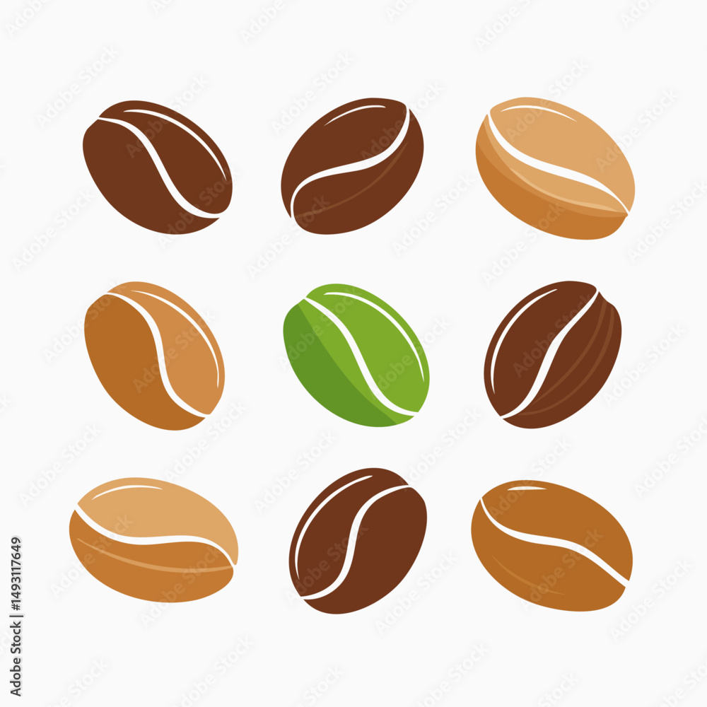 Flat Vector Coffee Beans Set in Various Shapes and Angles, Brown Tones, Isolated on White Background Flat Vector Coffee Beans Set in Various Shapes and Angles, Brown Tones, Isolated on White Background