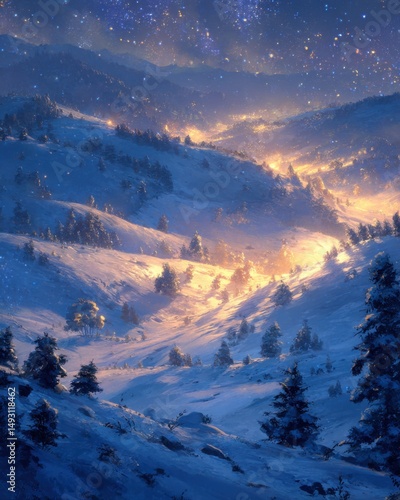 Winter wonderland landscape with snow covered mountains and trees at night under a starry sky scenic view