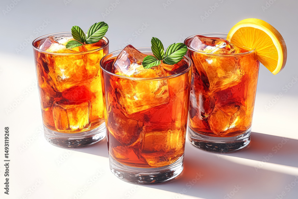 Three glasses of tea with ice and a slice of orange on top. The glasses are on a white table Three glasses of tea with ice and a slice of orange on top. The glasses are on a white table