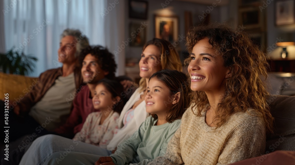 Obraz premium Happy Family Watching Tv Together on Sofa at Home, Representing Togetherness and Quality Time, Creating Memories and Strengthening Family Bonds : Generative AI
