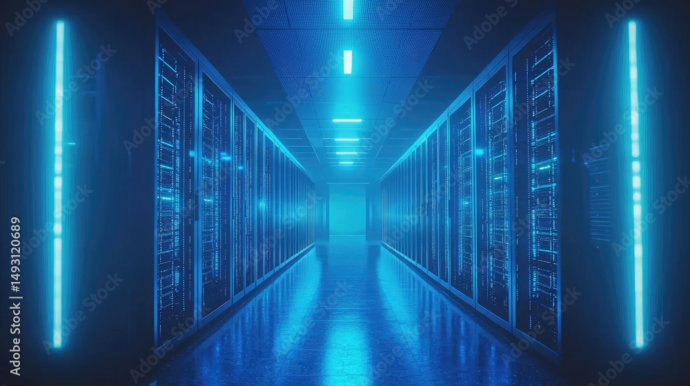 custom made wallpaper toronto digitalBright blue-lit futuristic server corridor with symmetrical racks and glowing lights, ideal for visuals related to cloud services, AI systems, and secure digital networks